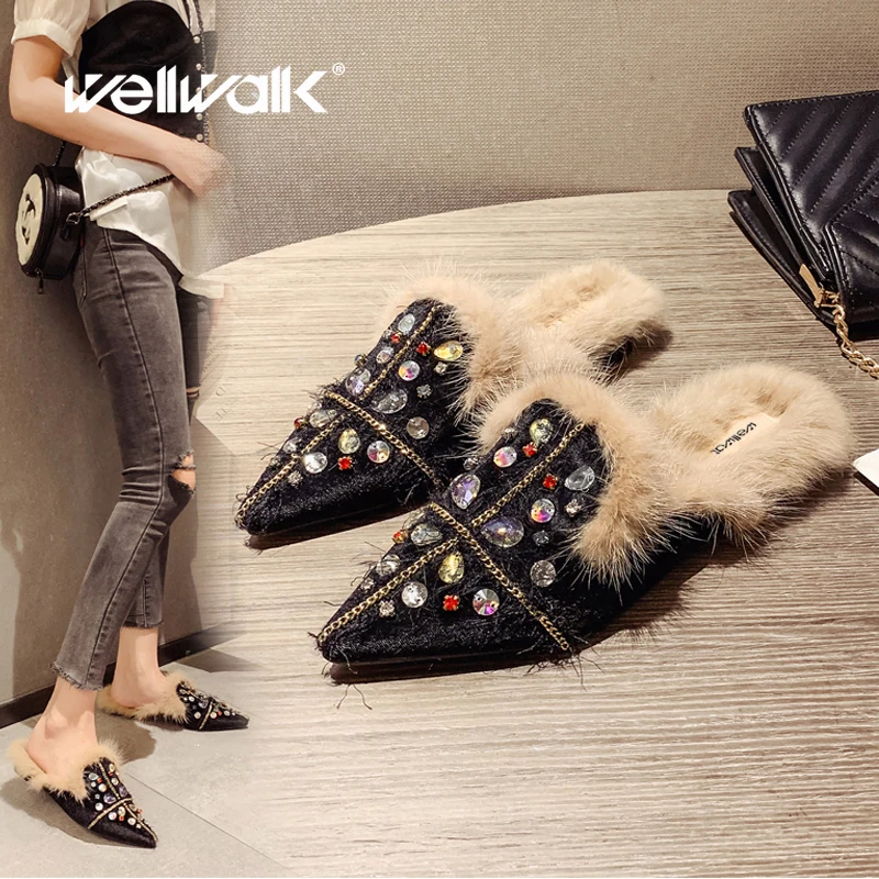 Мюли женские зимние со стразами меховые тапочки плоская подошва украшение