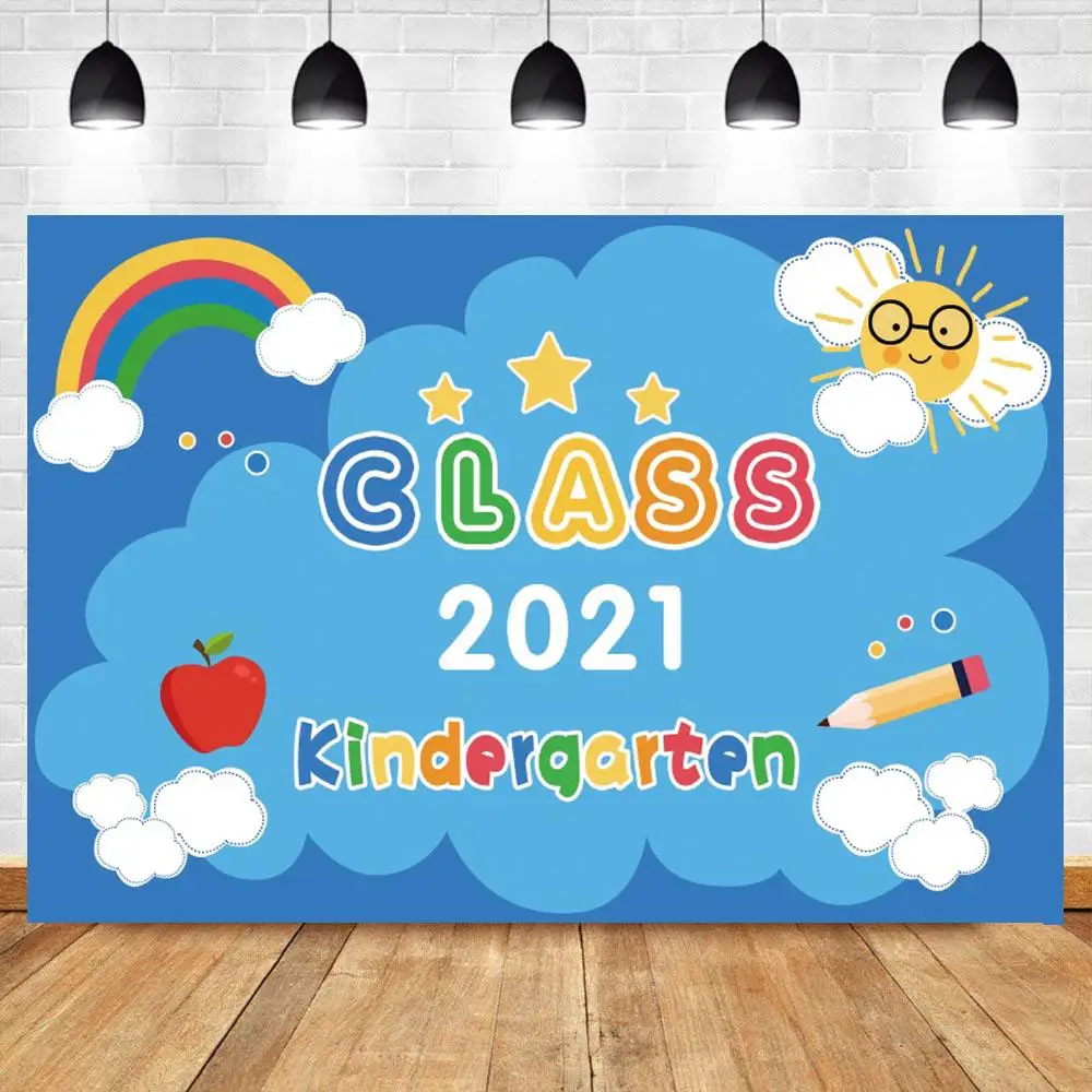 

Kindergarten Children 2021 New Year Classmate Party Photography Backdrops Rainbow Pencil Blue Cute Background For Photo Studio