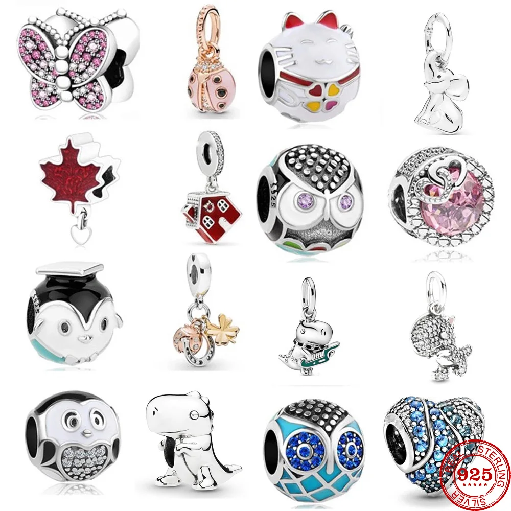 S925 Серебряный Шарм сова кошка Бабочка бусины подходят Pandora Подвески Серебро 925