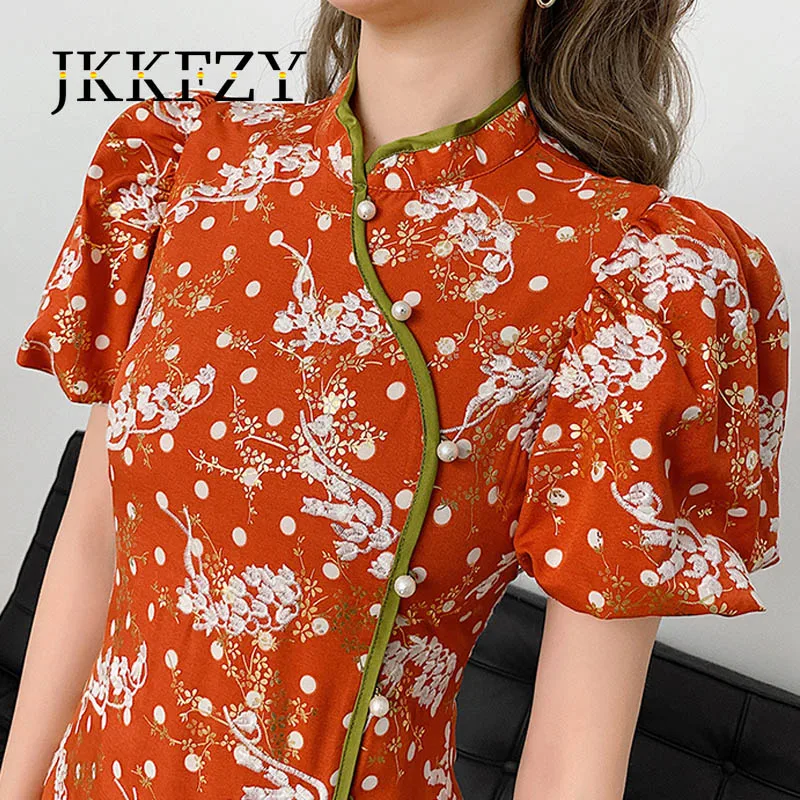 

Cheongsam Dress Woman Summer Runway Design Retro Chinese Style Dress Ladies Pumpkin Orange Puff Sleeve Stand Collar Button Dress