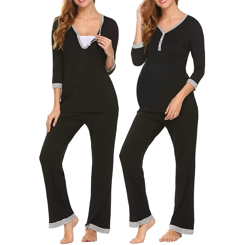 

Maternity Pregnant Women Pajamas Set Long Sleeve Nursing Baby T-shirt Tops+Adjustable Pants Pajamas Cotton Nightwear Clothing 08