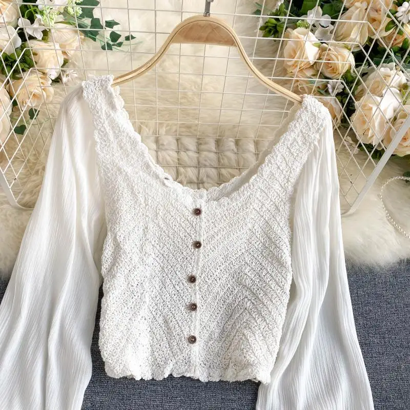 

Vintage Patchwork Women Shirts Summer Slash Neck Lantern Sleeved Loose Button Casual All Match Female Pulls Tops
