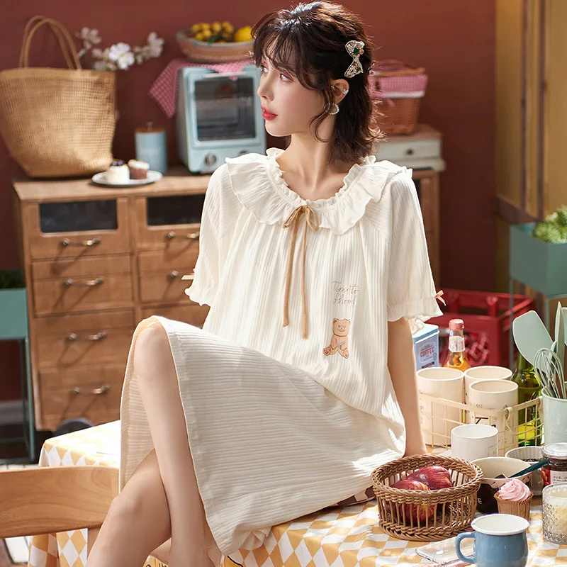 

Women Summer Cotton Short-sleeved Korean Style Nightdress Loose Large Size Thin Home Wear Pajamas