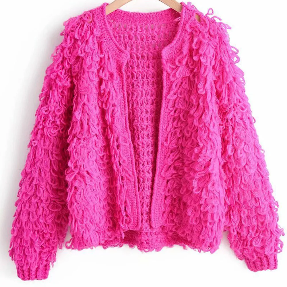 Осенне-зимний новый однотонный кардиган с круглым вырезом Женский вязаный