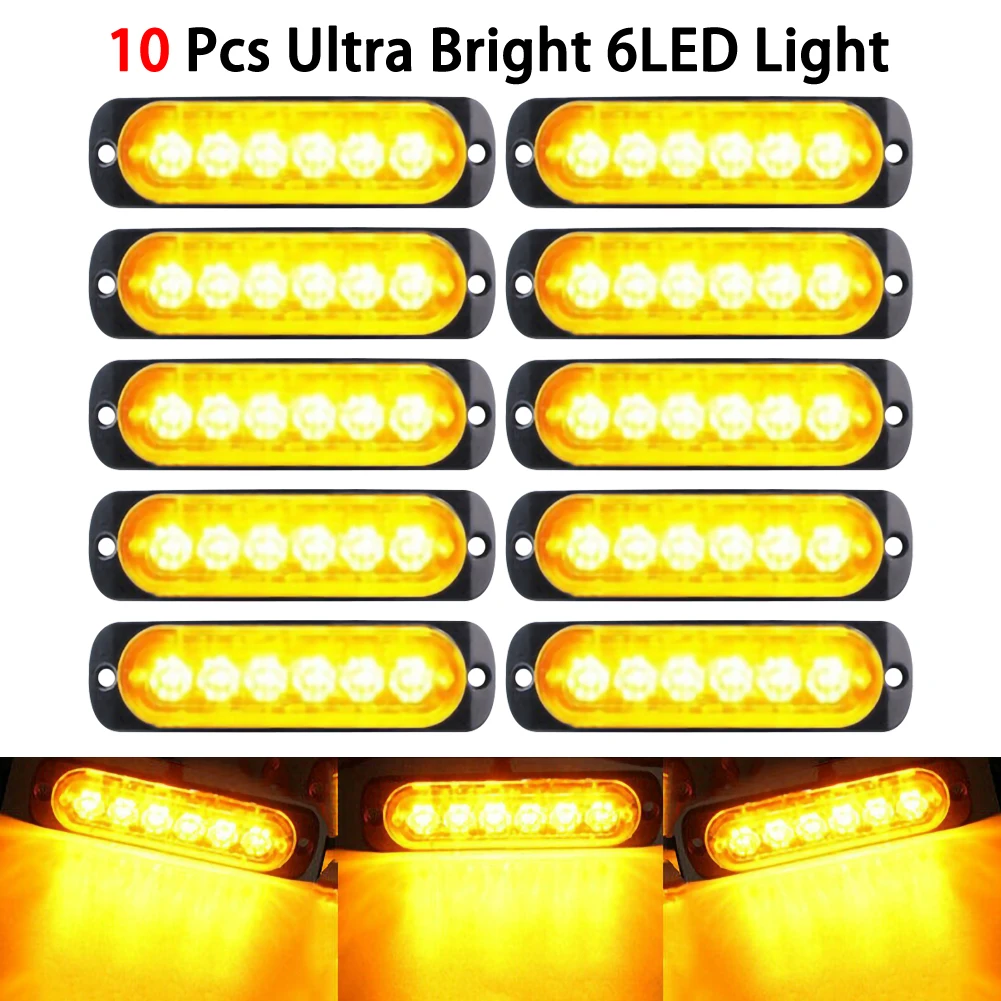 

New 10 Pcs LED lights Car Signal Lamp Amber 6 LED Urgent Warning Working 12V Dust-proof Car Accessories Wholesale Quick Delivery