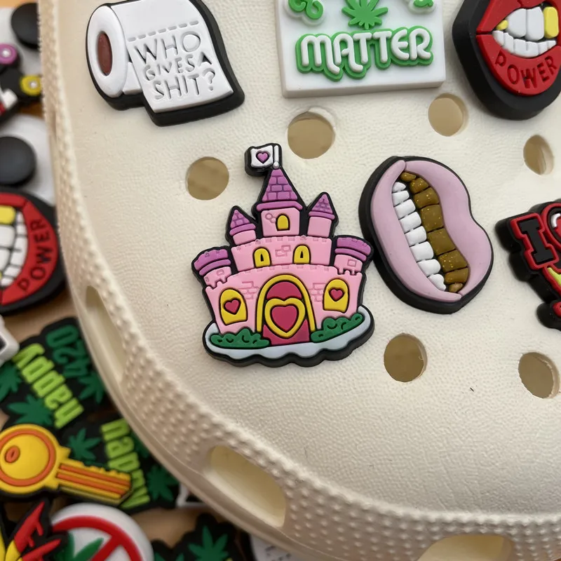 Single Sale 1 Pcs Crocs Charms PVC Slipper Accessories Funny Plant Pink Castle Shoe Decoration Creative Pattern For Kids Party