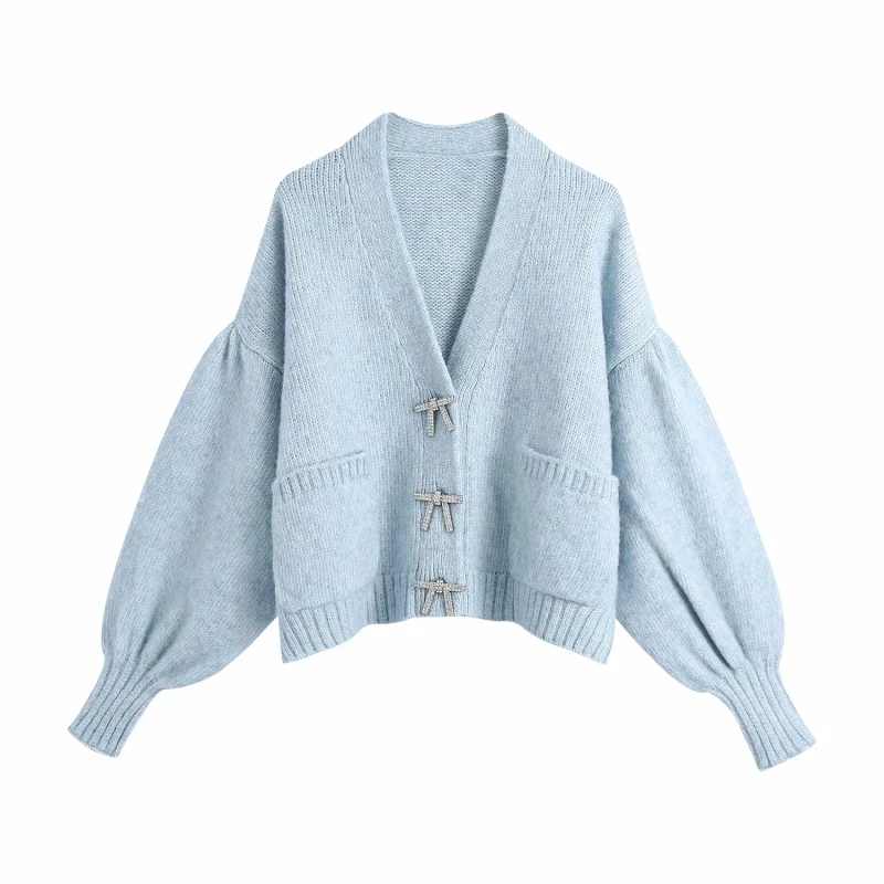 

Vogue Casual Woman Lantern Sleeve Knitted Cardigan Tide Spring Fashion Ladie Warm Soft Sweater Female Chic Diamond Button Tops