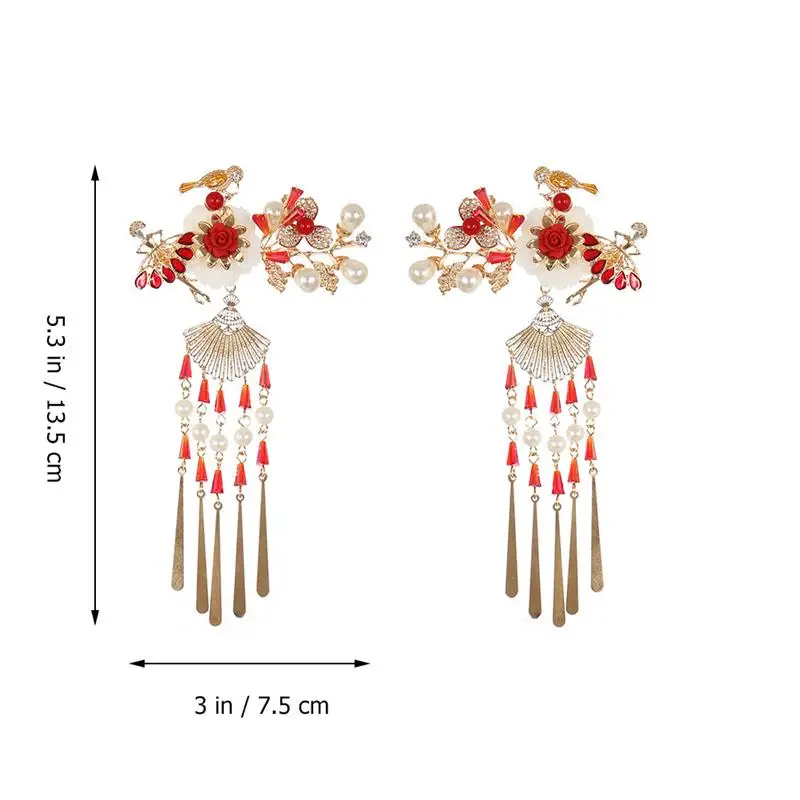 

1 Pair of Antique Tassel Hairpins Side Clips Retro Flower Beads Hair Clips