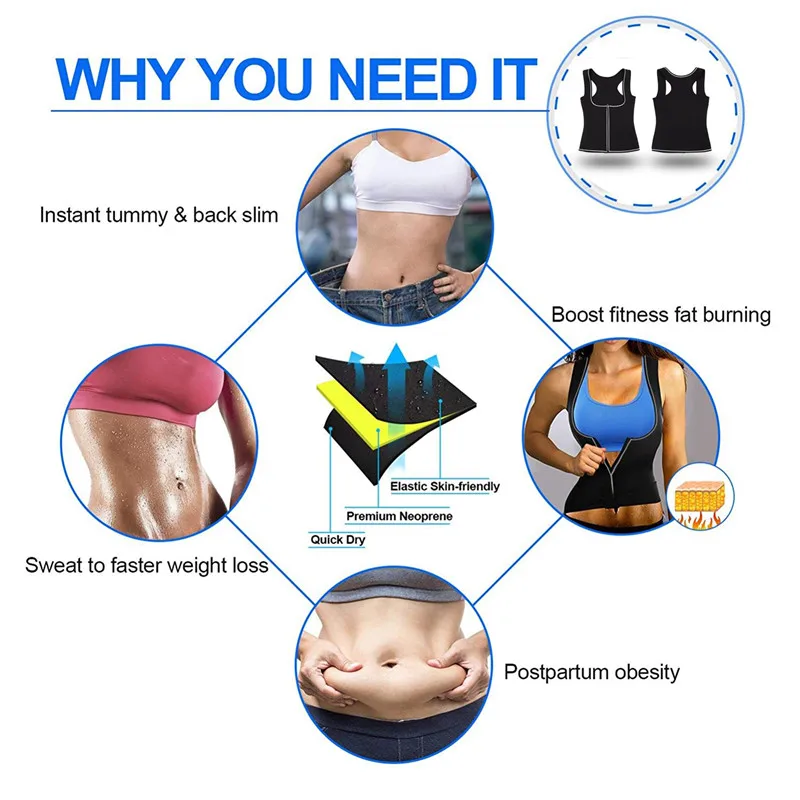 Junlan Women Reducing Sauna Vest with Zipper Neoprene Tummy Control Waist Trainer Shaping Tops Body Slimming Shapers Fat Burning