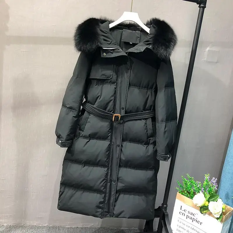 Women's Jacket Winter Coat Fox Fur Collar New Fashion Thick Female Long Loose Hooded Outerwear Warm Belt Jackets Ukraine