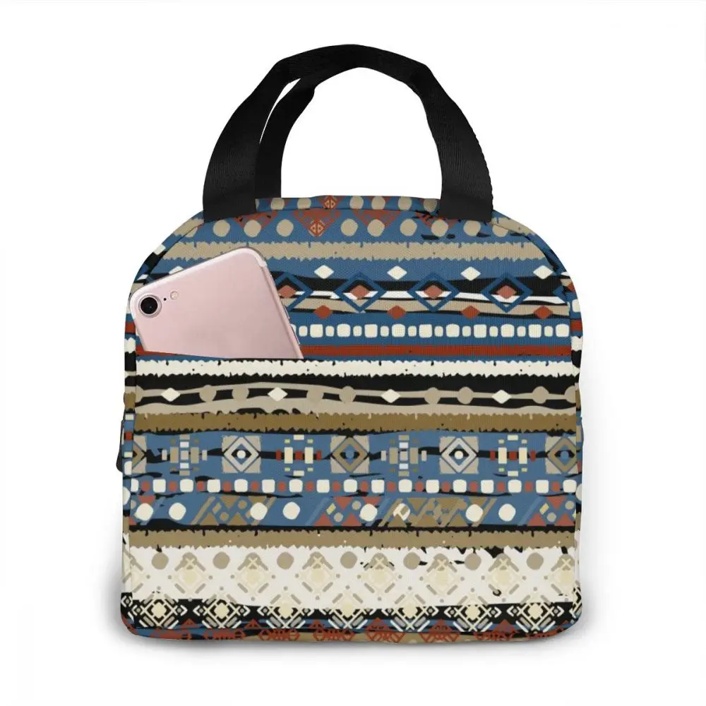 

Ethnic Boho Tribal Art Cooler Bag Portable Zipper Thermal Lunch Bag Convenient Lunch Box Tote Food Bag