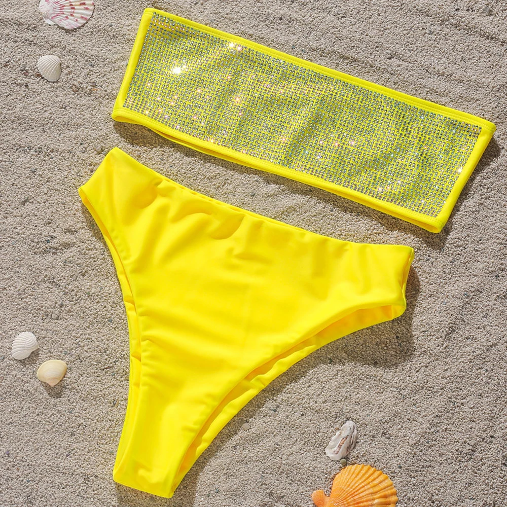 Sexy Bikini Set Luxury Neon Yellow Full Rhinestone Two Pieces Bra Set Women 2020 Sexy Elastic Bandage Diamond Underwear Bras Set