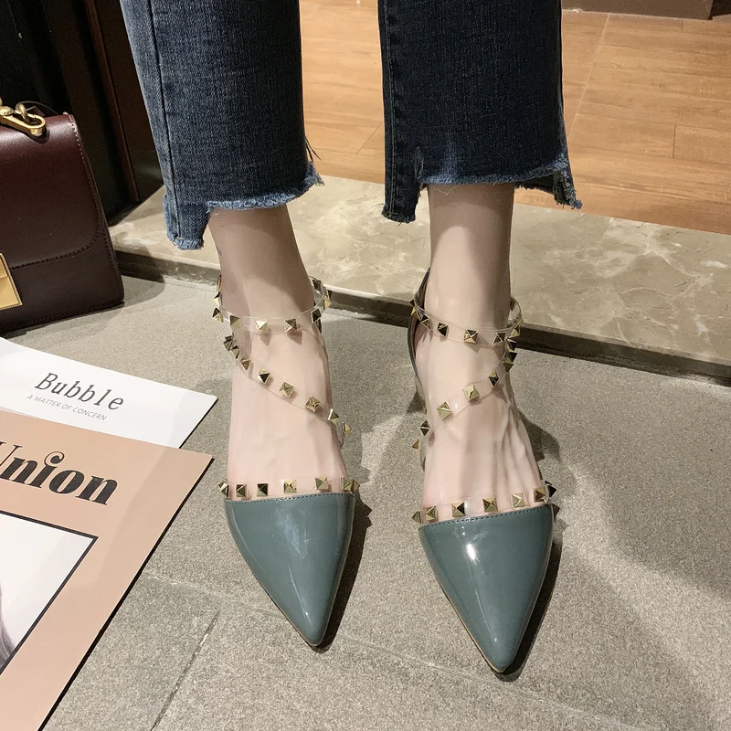 

Heels High Rivet Fashion Transparent Shoes Modern Sandals Pointed Toe Brand Women Shoe Thick Heel Sandalias Femininas