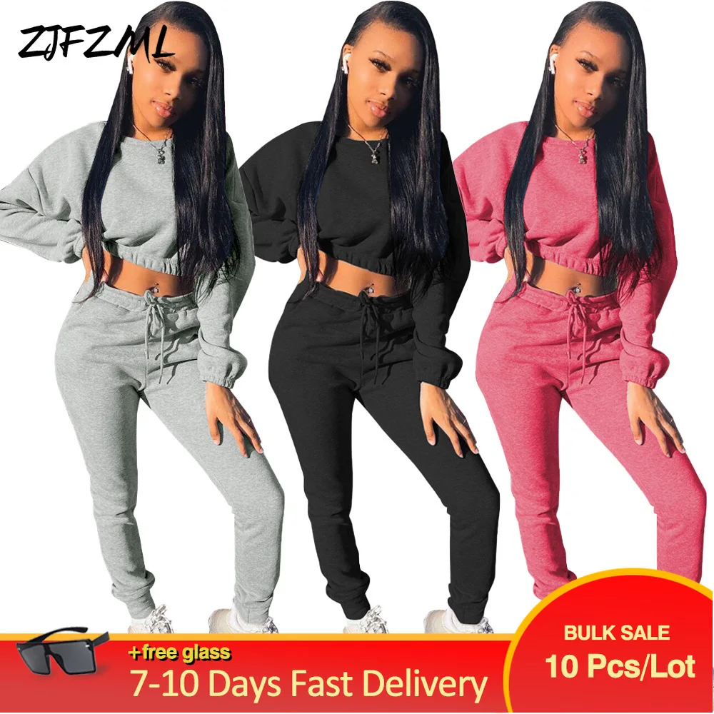 

Wholesale Bulk Items Lots Spring Winter Women Sporty Sweatsuit 2 Piece Outfits Full Sleeve Sweatshirt and Jogger Pant Tracksuit