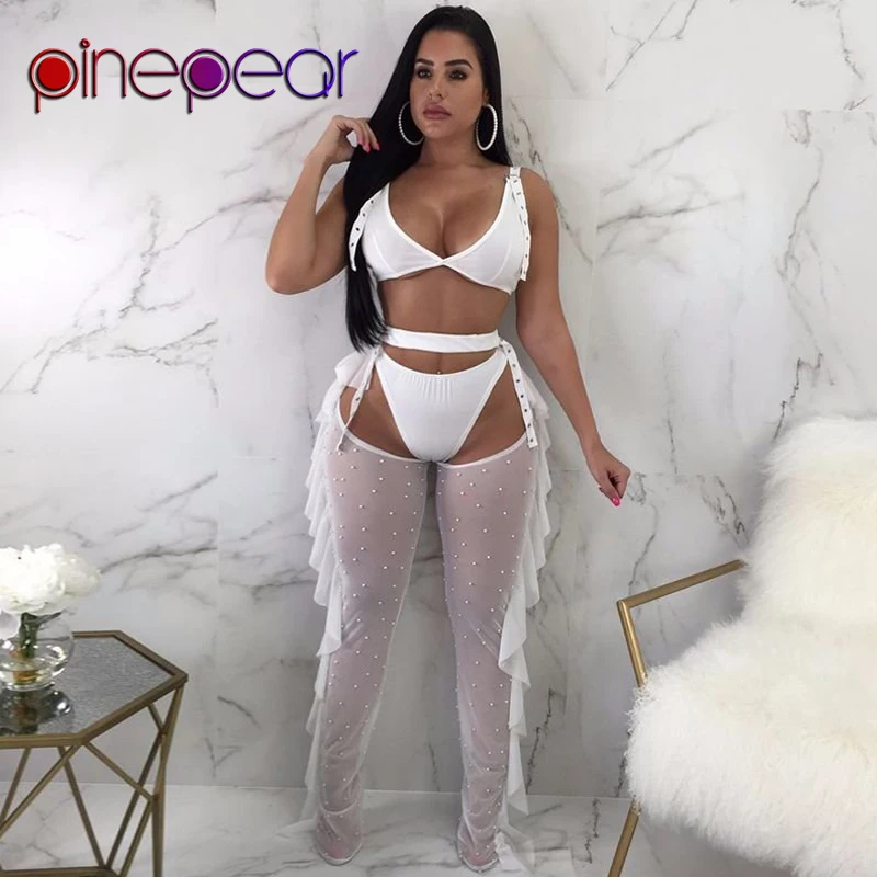 Женский комплект из 3 предметов PinePear пикантный сетчатый бюстгальтера шорт и брюк