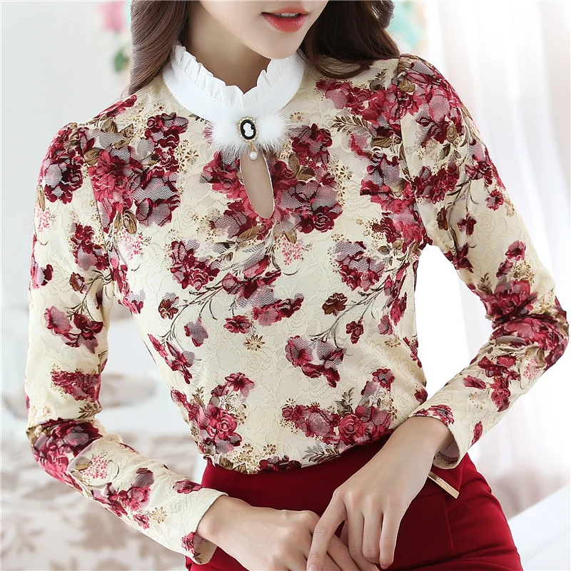 Корейские кружевные женские блузки офисные плотные теплые зимние рубашки