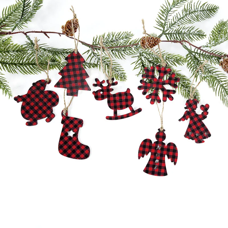 

10Pcs Red Black Plaid Xmas Tree Snowflakes Reindeer Shaped Wooden Pendants Xmas Tree Ornaments Navidad Noel Natal New Year Gift