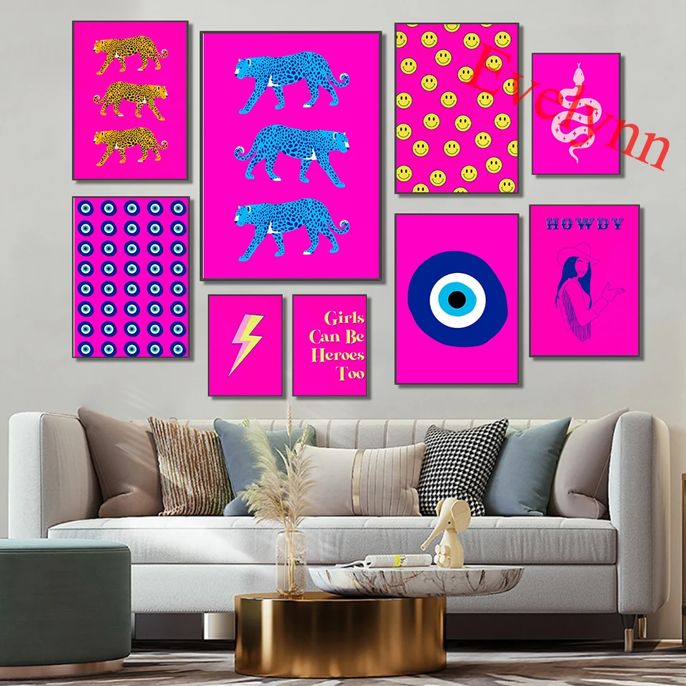 Colorful Art Posters Cheetah Evil Eye Cowgirl Snake Tiger Cloud Smiley Faces Lightning Living Room Decor Canvas Wall Prints - Красочные постеры искусства с гепардом, злым глазом, ковбойкой, змеей, тигром, облаками, улыбающимися лицами, молниями для декора