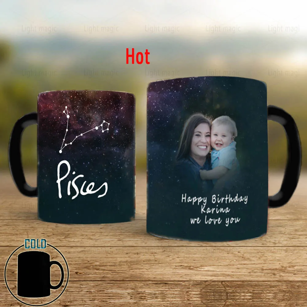 

Customize Photos and Text Name Constellation Pisces Mug 11oz Magic Ceramic Color Changing Coffee Mug Wife or Kids Birthday Gift