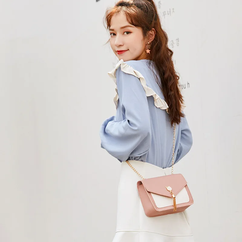 

Women's Korean-Style Hardware Tassel Pu Shoulder Bag Contrast Color Purse Small Bag Patched Patched Simple Elegant Outdoor Bag