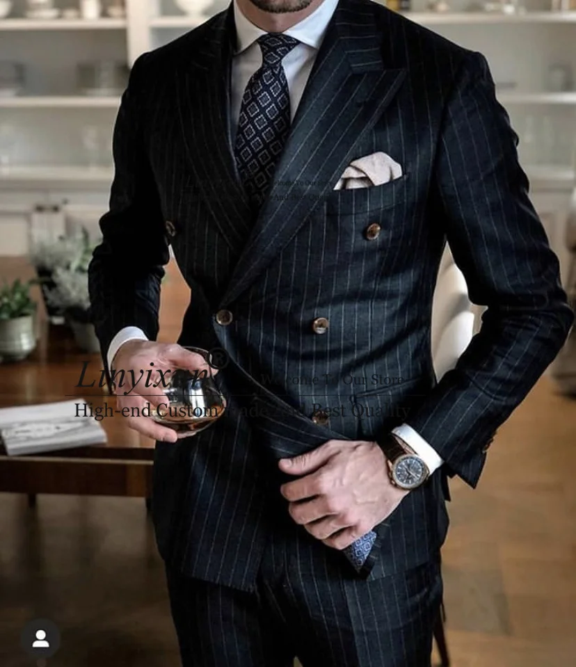 

Black Stripe Slim Fit Men Suit Double Breasted Blazer Latest Coat Pant Designs 2 Piece Tuxedo Custom Groom Prom Suits Ternos