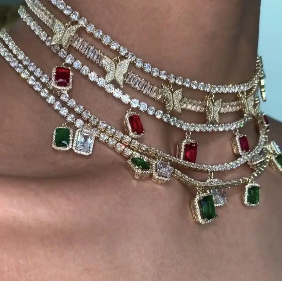 Белый зеленый красный красочный Багет cz падение теннис ожерелье iced out bling чокер для женщин Девушка Роскошные ювелирные изделия