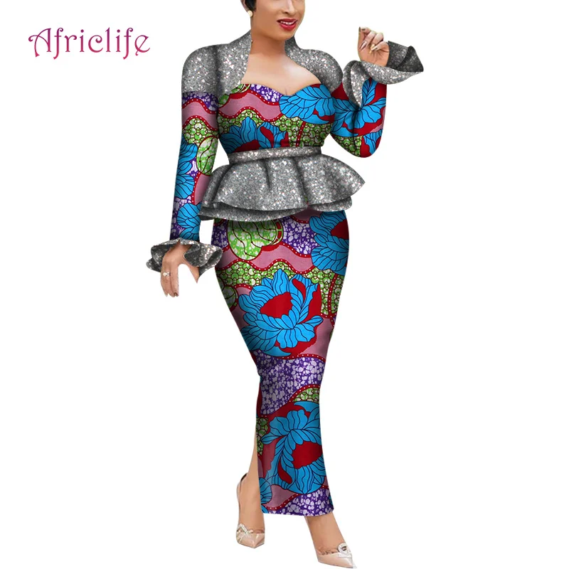 

Spring Fall 2 Pcs African Women Skirt Set Popular Wax Cotton Bazin Patterns Female Suits WY6364