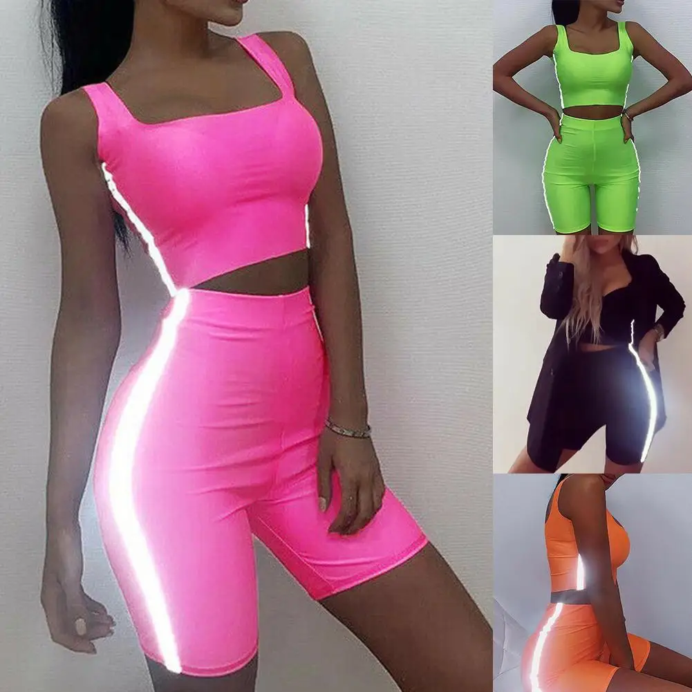 

2Pcs/Set Sports Women Solid Color Reflective Vest High Waist Bodycon Shorts