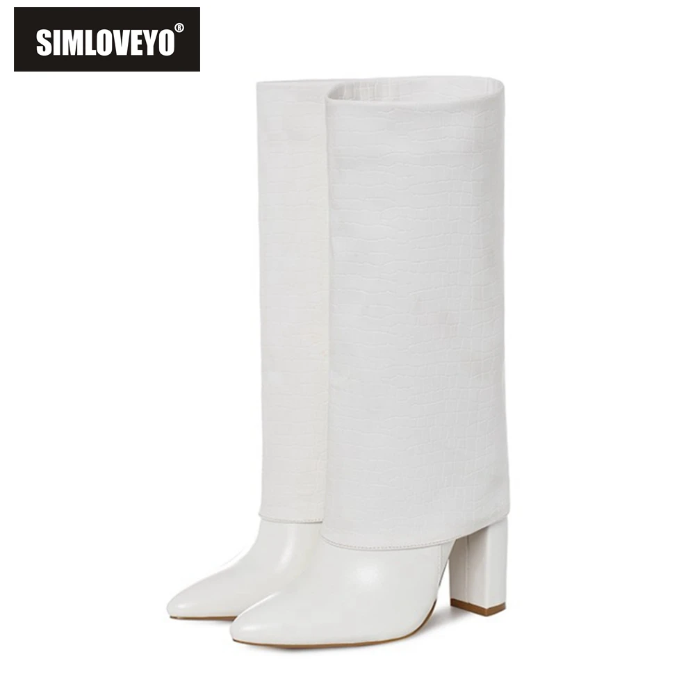 

SIMLOVEYO Female genuine leather boats Knee boots Pointed toe Big tube Crocodile Fashion Autumn winter High quality Cool Solid
