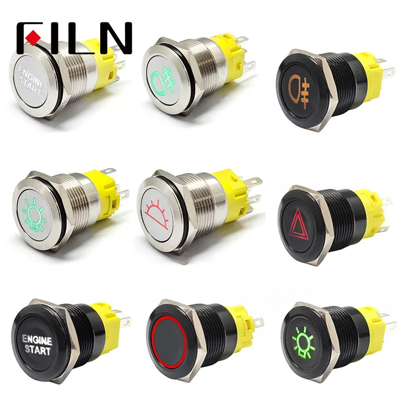 FILN 19 мм 12 В LED из нержавеющей стали черный металлический кнопочный переключатель приборной панели предупреждающий символ гоночный автомобиль переключатель