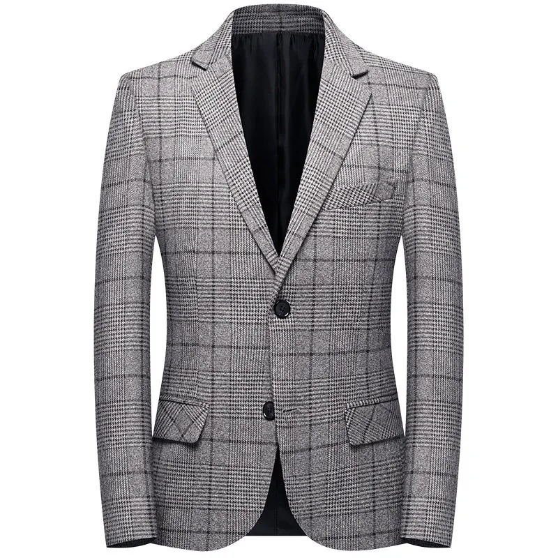 

2021 British Man Slim Fit Office Blazer Jacket High Quality Fashion Grey Plaid Suit Wedding Dress Coat Casual Business
