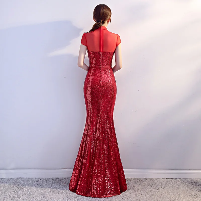 Красное женское вечернее Ципао длиной до щиколотки свадебное платье элегантное