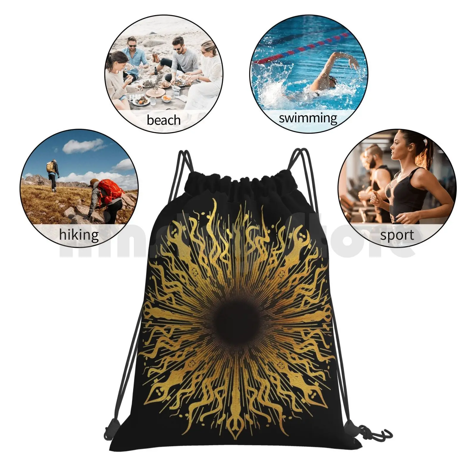 

Black Hole Sun Backpack Drawstring Bags Gym Bag Waterproof Black Hole Sun Mandala Sun Gold Music Singer Sun Salutation