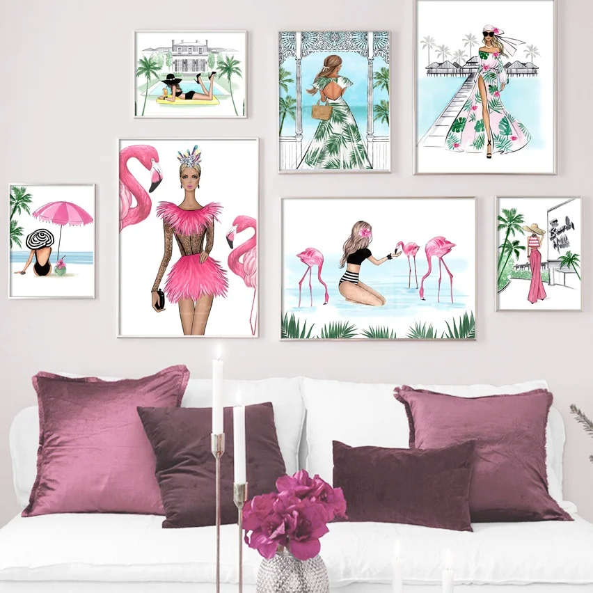 

Fashion Girl Flamingo Tropical Landscape Wall Art Canvas Painting Nordic Posters And Prints Wall Pictures For Living Room Decor