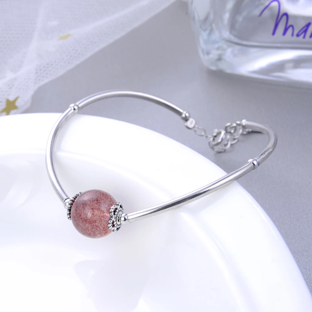 

New 100% 925 Silver Bracelet Women's Chic Strawberry Crystal Pink Zircon Pendant Open Bangle Charm Jewelry Anniversary Gift