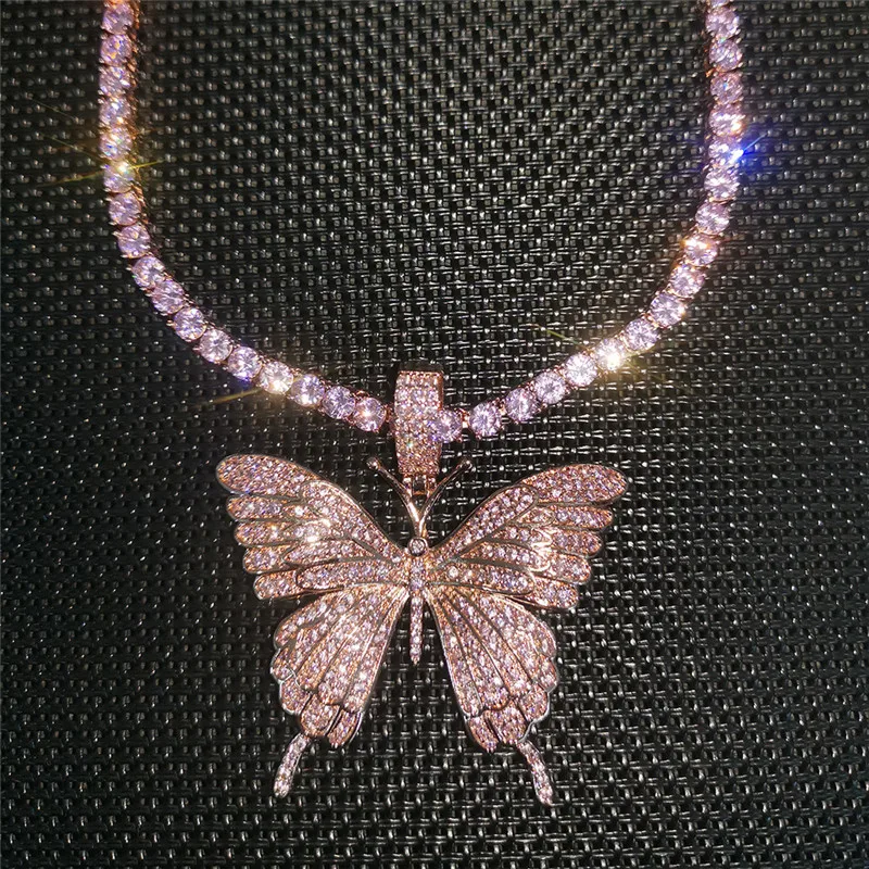 

Ожерелье с кулоном в виде бабочки из розового циркона с теннисной цепью мужское ювелирное изделие в стиле хип-хоп подарок