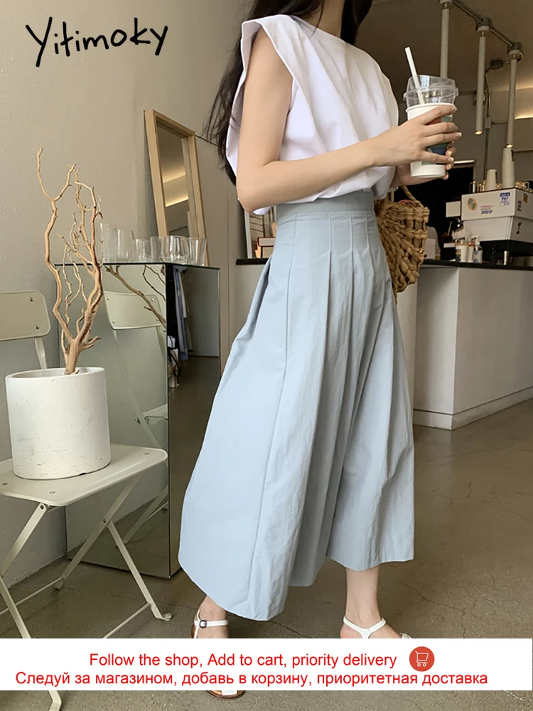 

Yitimoky 2 Piece Set Women Tops Shirts Vintage Elastic Waist Long Skirt Flying Sleeve O-Neck Loose Casual Summer 2021 New