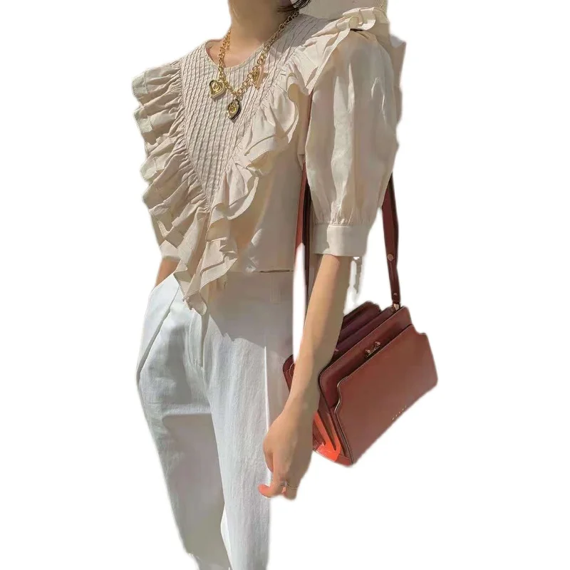 

Summer Loose Ruffle Stitching Blouses Women Korean Pleated Short Sleeve Shirt Female 2021 O Neck Elegant Women Tops Blusas 15241