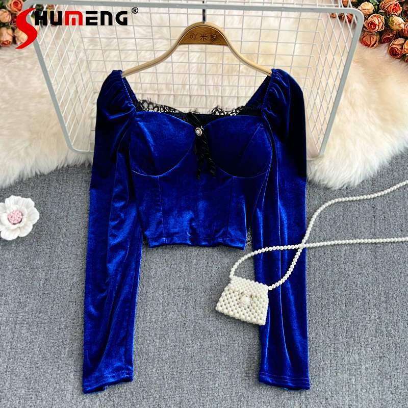 

Женская приталенная бархатная блузка с бантом и квадратным воротником, голубая короткая блузка в дворцовом стиле, Осень-зима 2021