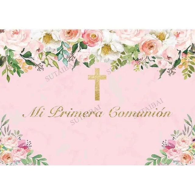 

Royal Blue White Stripes Cross Baby Baptism Backdrops for Photo Studio Flowers Gold Frame Photographic Background Child Studio