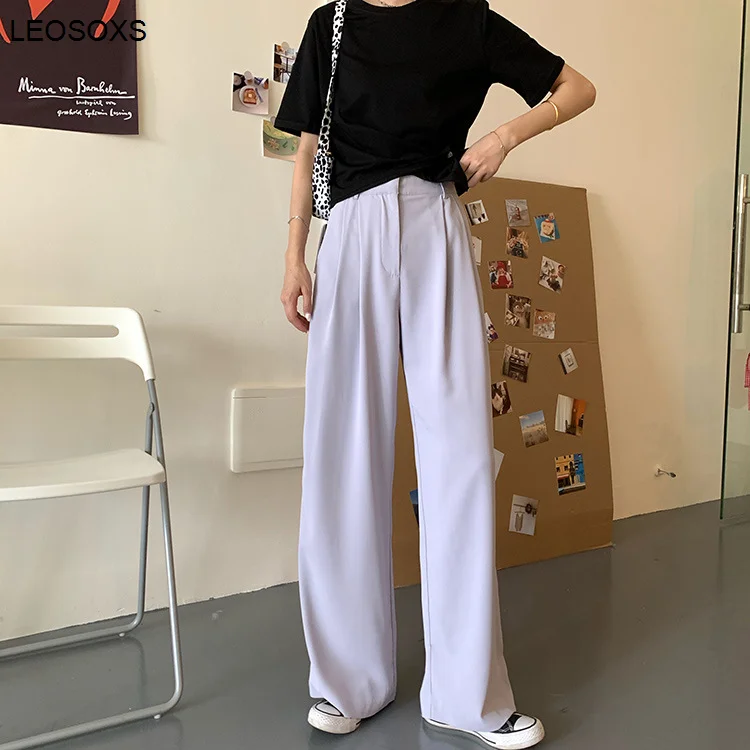 

Women Clothing Suit Pants Solid Color High Waist Casual Mopping Pants Female Summer Drape Straight Loose Wide-leg Trousers