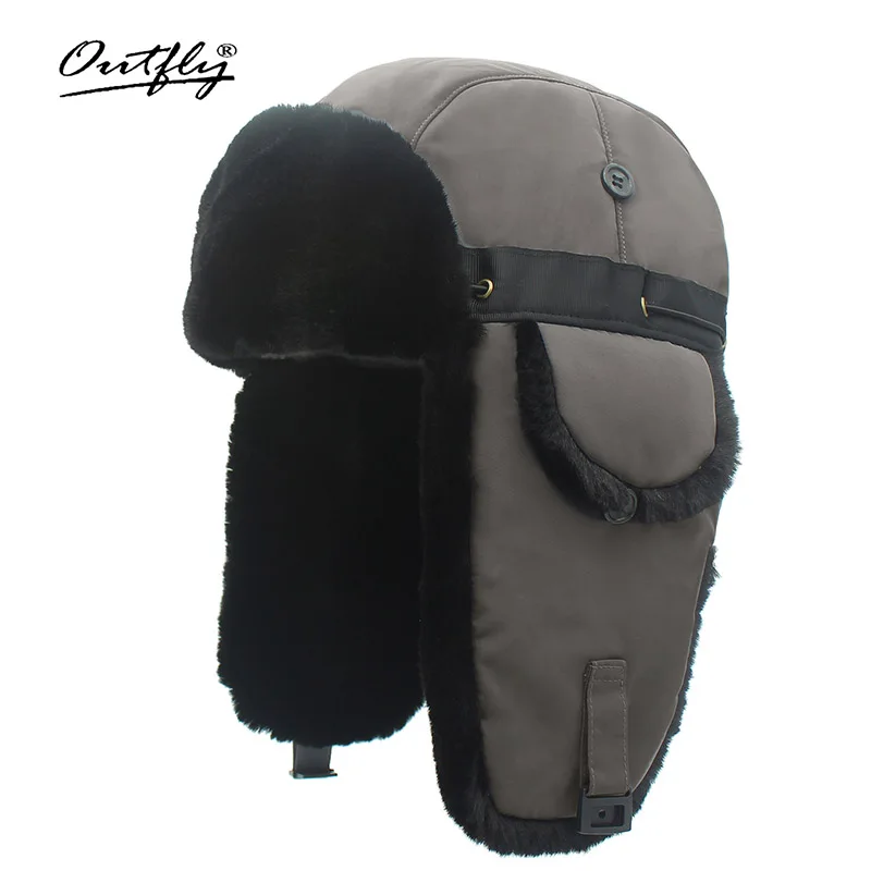 Шапки-бомберы Outfly, зимняя теплая шапка из толстой пряжи для мужчин и женщин, зимняя уличная шапка для походов на снежную погоду, шапка для русской охоты - Цвет: Grey(black fur)