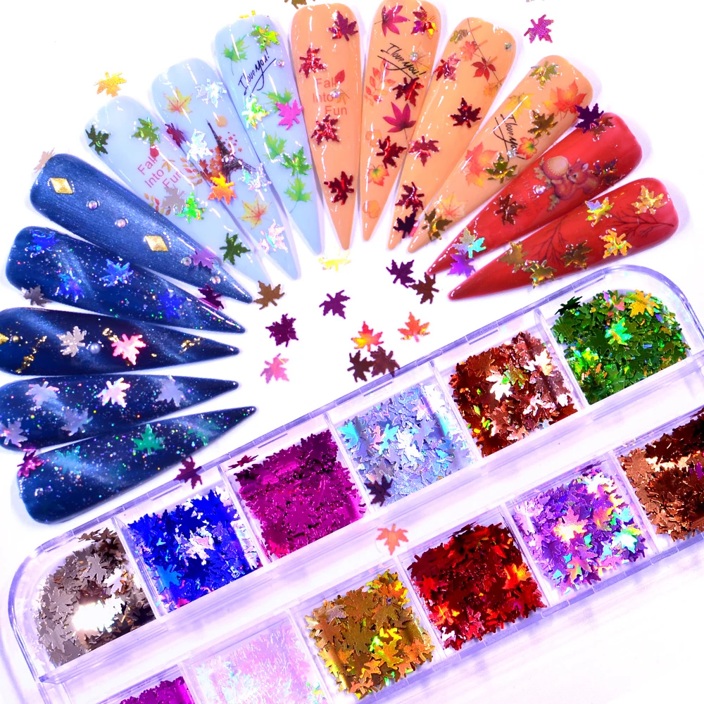 

FWC 1 Box Holographic Leaves Nail Art Decorations Yellow Red Sequins Paillette Tips Nail Glitter Flakes Fall Maple Slice Tools