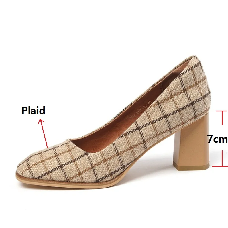 

LeShion Of Chanmeb Vintage Trendy Women Scotland Plaid Checker Shoes Chunky Block High Heels Pumps Party Office Wedding Shoes 33