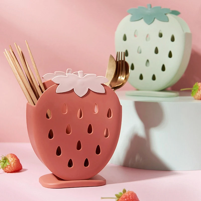 

Chopsticks Holder Drain Rack Cute Strawberry Hollow Cutlery Drainer Spoon Fork Knife Shelf Holder Kitchen Tableware Storage Rack