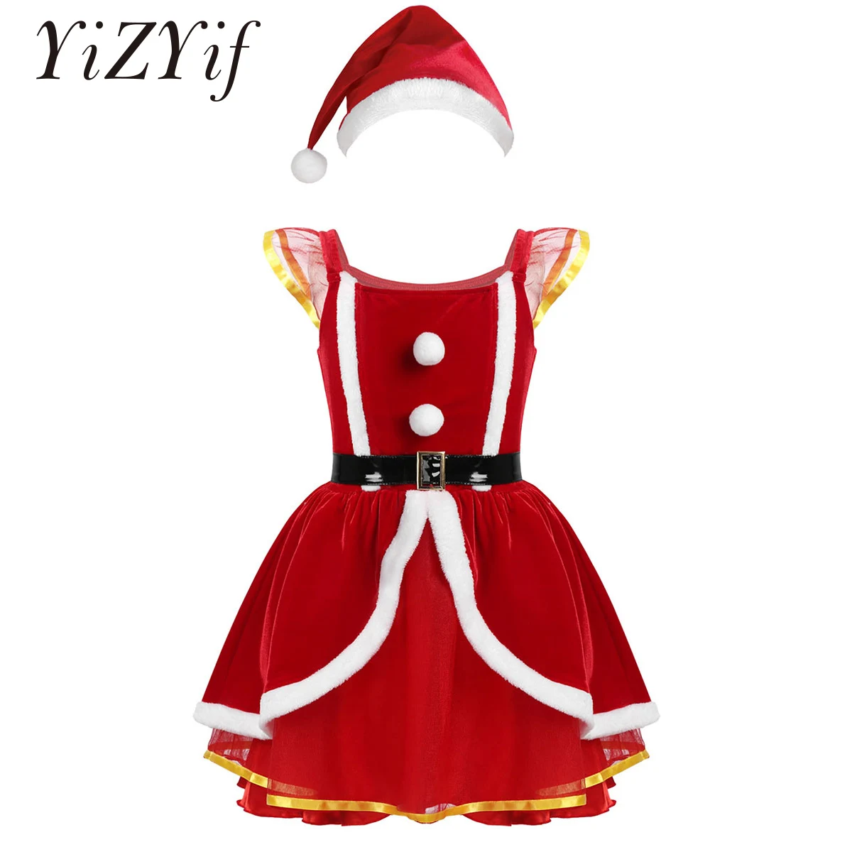 

Kids Velvet Christmas Stage Dancewear Sequins Santa Claus Costumes Child Girls Mesh Tutu Ballet Figure Skating Dress with Hat