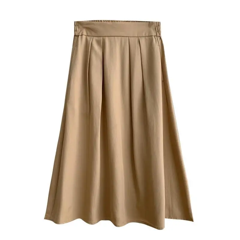 

High waisted Khaki Skirt summer 2021 new mid length loose and thin pleated A-line skirt