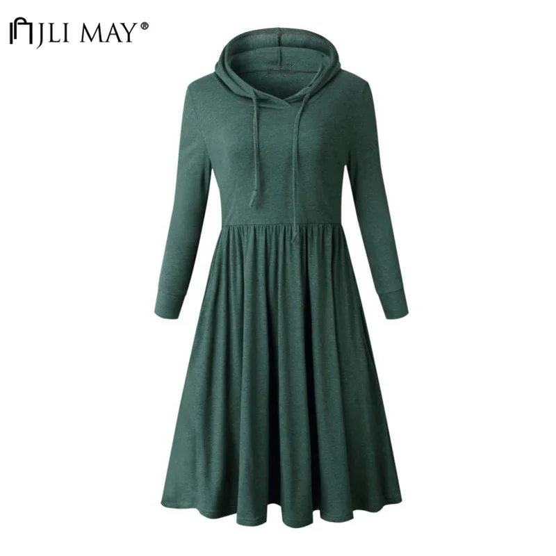 

JLI MAY Women Solid Dresses Autumn Winter Hooded Collar Long Sleeve Empire A-Line Pleated Slim Casual Dress Office Lady
