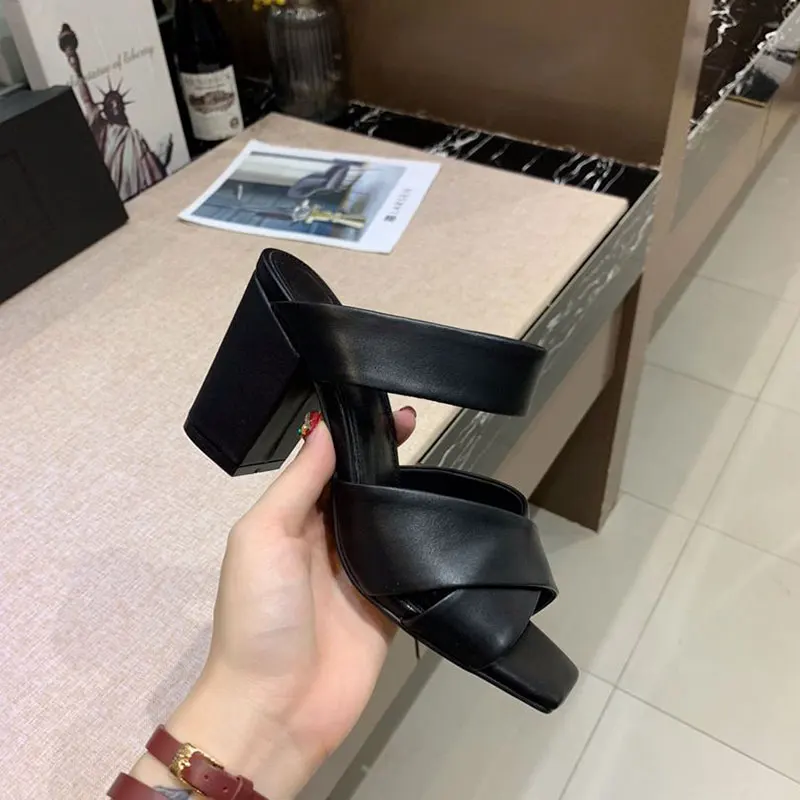 New Fashion Luxury Sandals Women Designers Genuine Leather Slip-On Hoof Heels Super High(8cm-up) Women Sandals