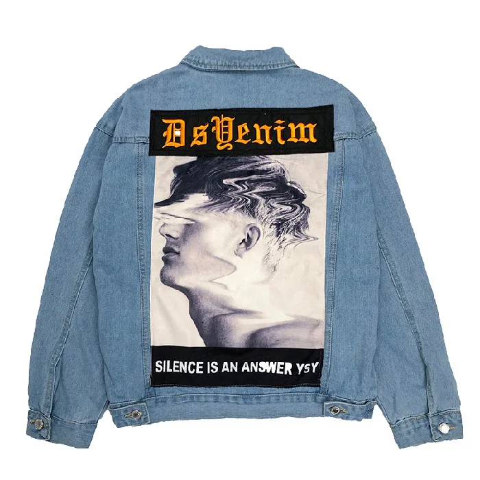 

Denim jacket men European and American style embroidery impression painting big picture patch hip hop jacket men